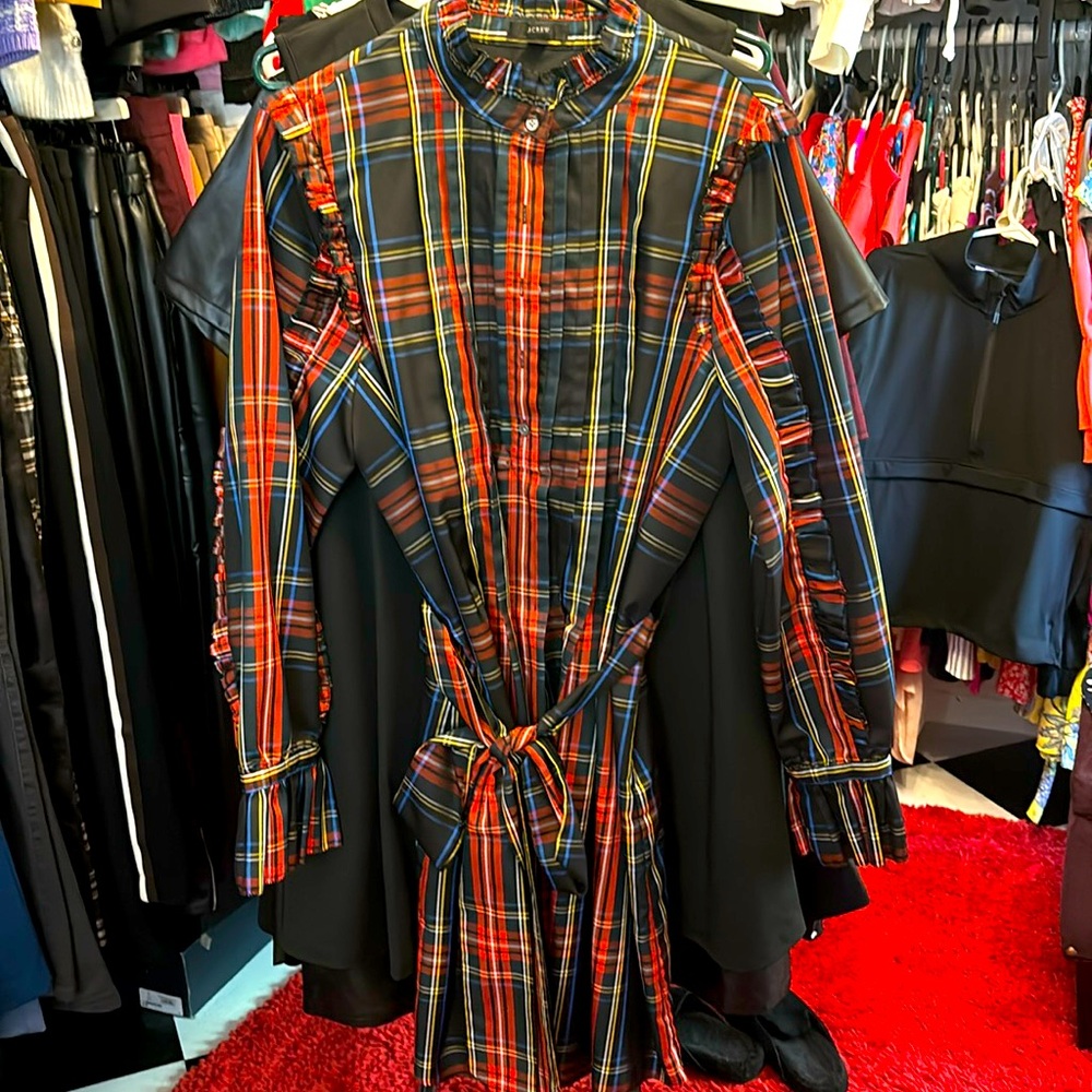 J crew women  collection holiday tartan plaid dress with ruffle L and NWOT